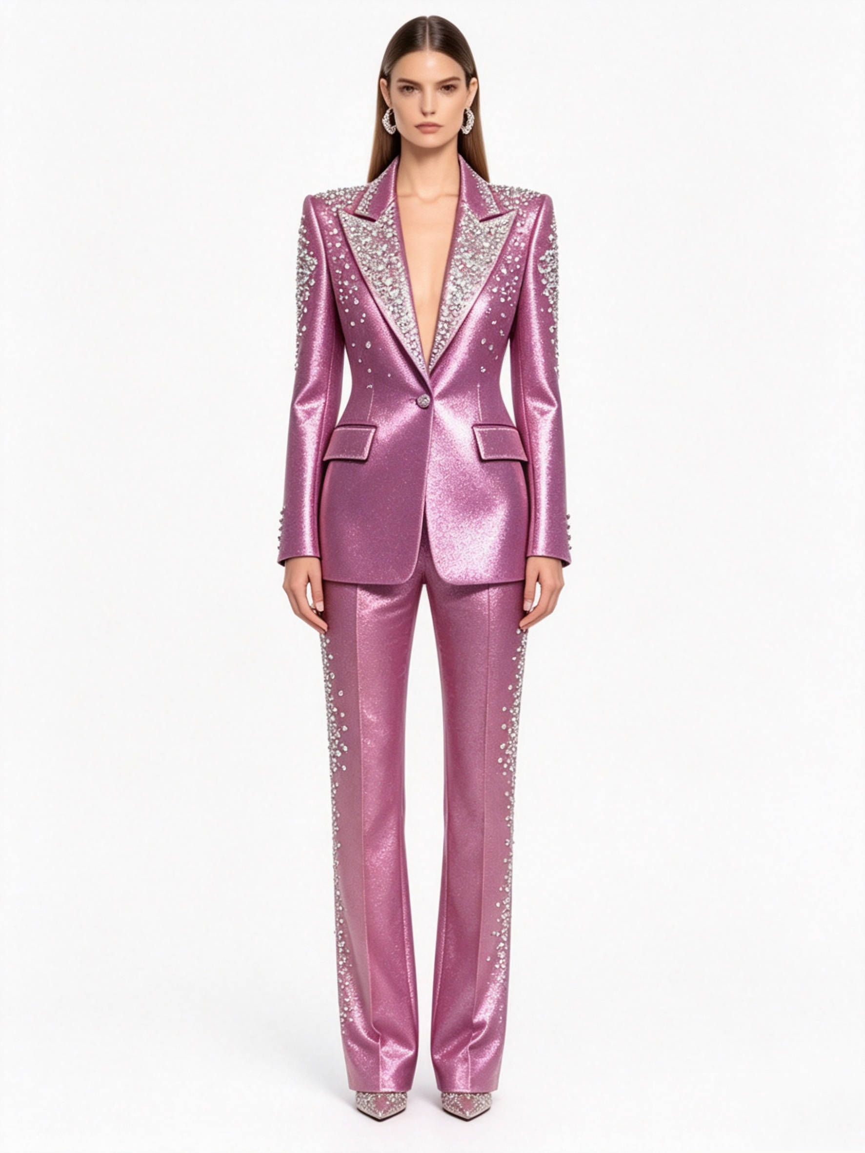 Women Formal Wear Blazer Set - Luxury Crystals Pink Satin Women Suit