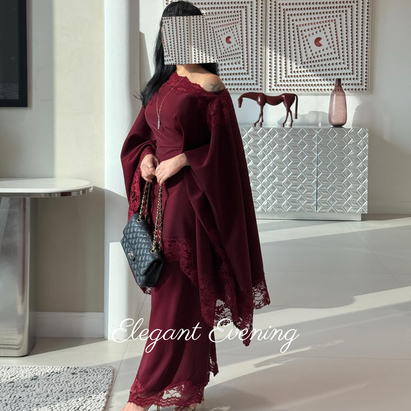 Burgundy Lace Modest Maxi Dres - Women Formal Wear Dubai recension och pris