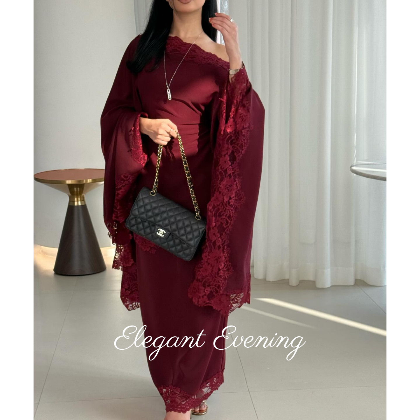 Burgundy Lace Modest Maxi Dres - Women Formal Wear Dubai recension och pris