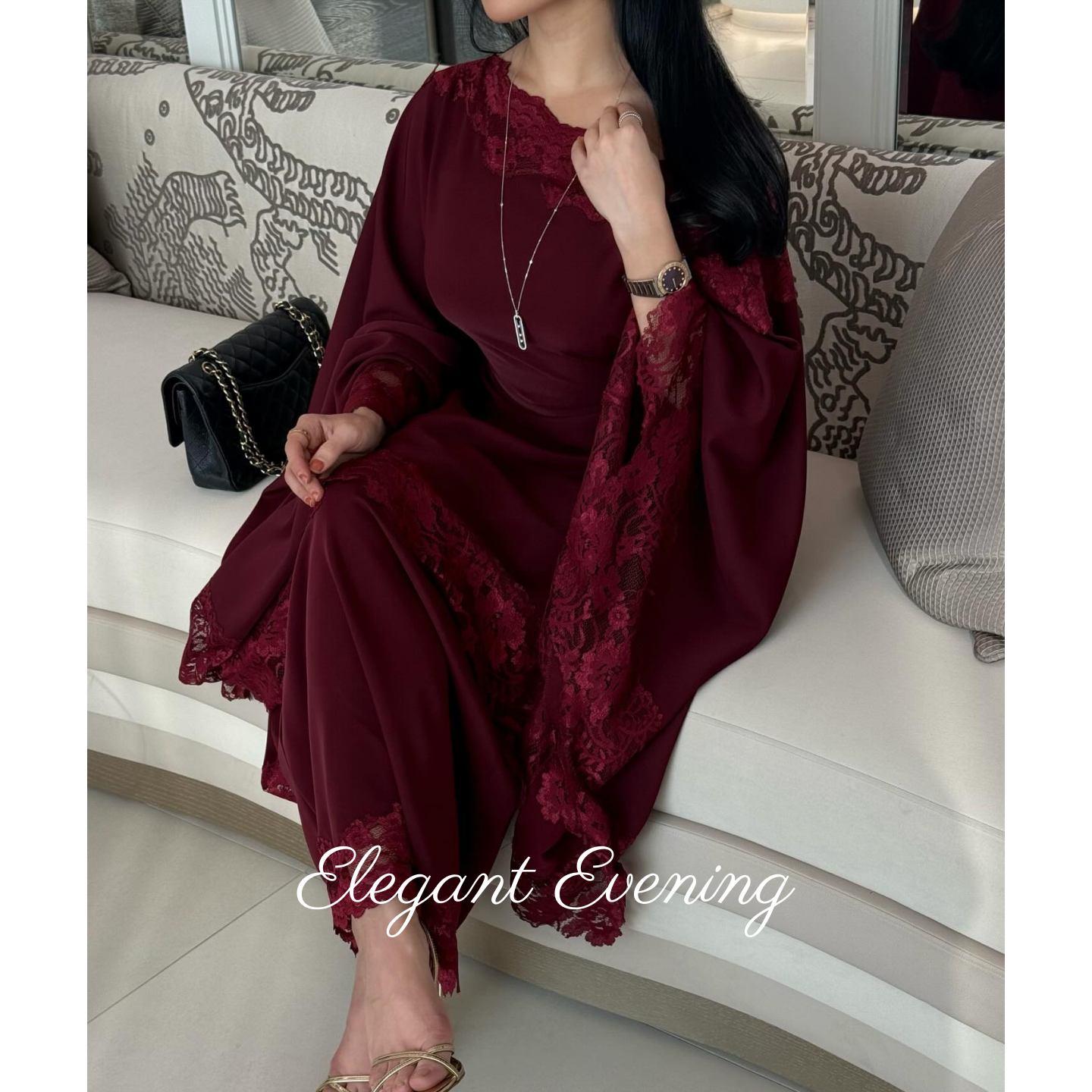Burgundy Lace Modest Maxi Dres - Women Formal Wear Dubai recension och pris